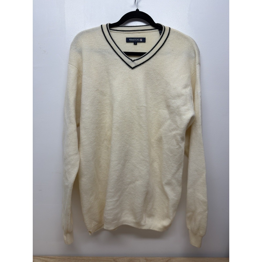 Fila Sport The Collection Mens XL Vintage 100% Merino Wool V-Neck Sweater Trim